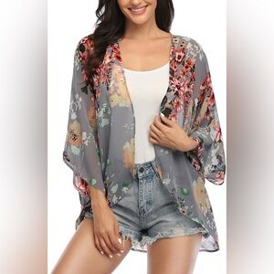YnimioAOX Floral Sheer Kimono Cardigan